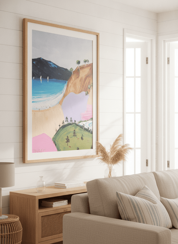 Neutral wall art displayed in a sunny coastal beach house