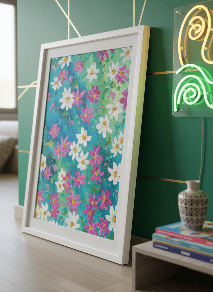 Bold wall art styled in a colourful, eclectic modern home