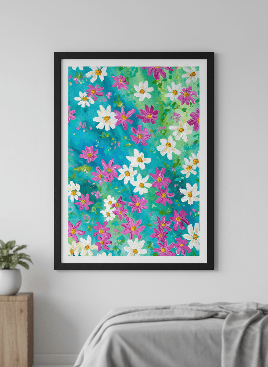 Minimalist artwork displayed in a calm, light-filled bedroom interior