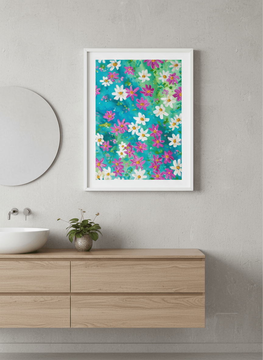 Modern print displayed in a clean minimalist bathroom setting