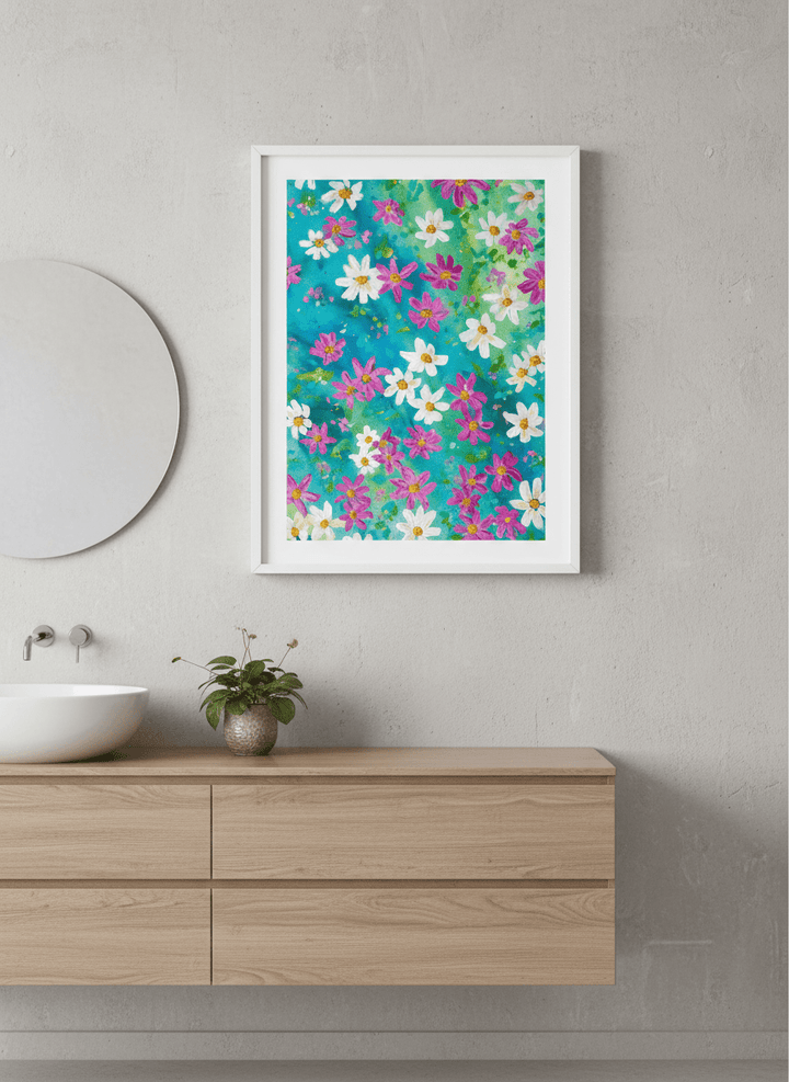 Modern print displayed in a clean minimalist bathroom setting
