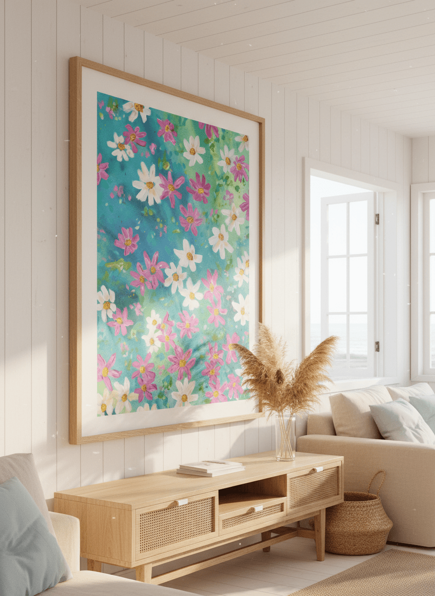 Neutral wall art displayed in a sunny coastal beach house