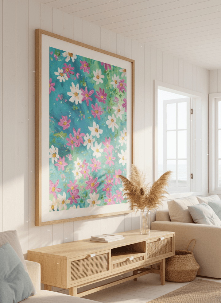 Neutral wall art displayed in a sunny coastal beach house