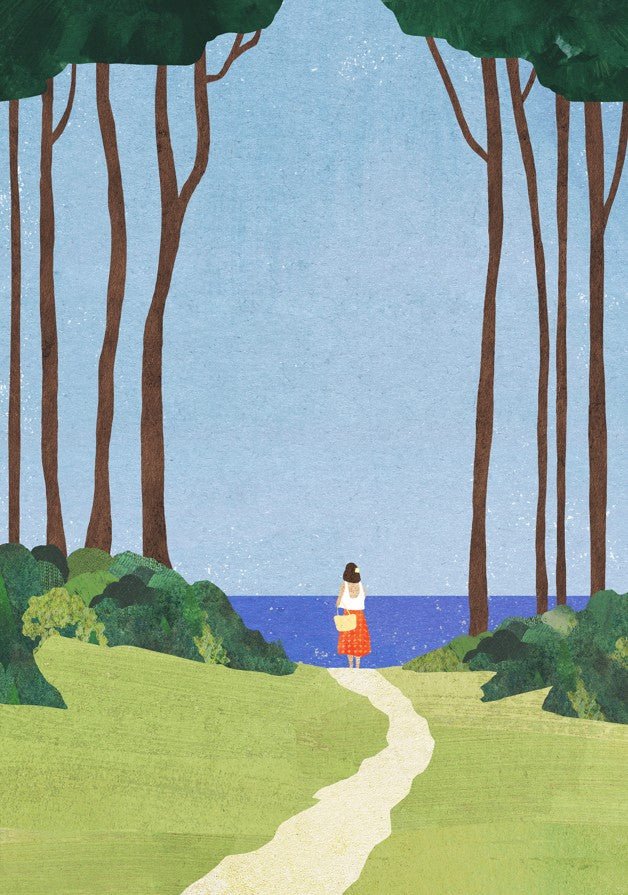 Illustration of a person standing on a path by a body of water with trees in the background. framed