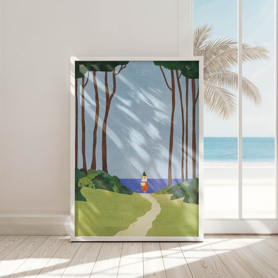Artwork of a tropical scene with palm trees and a beach, displayed on a wall.