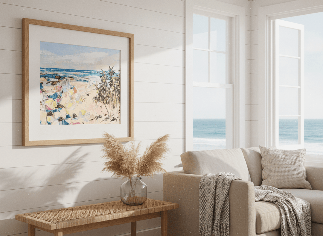 Neutral wall art displayed in a sunny coastal beach house