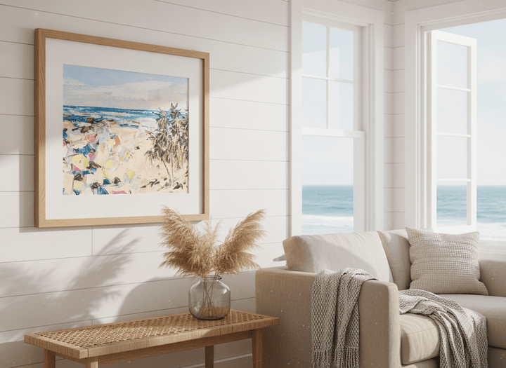 Neutral wall art displayed in a sunny coastal beach house