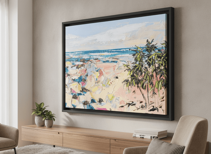 Modern wall art styled above a sofa in a neutral living room