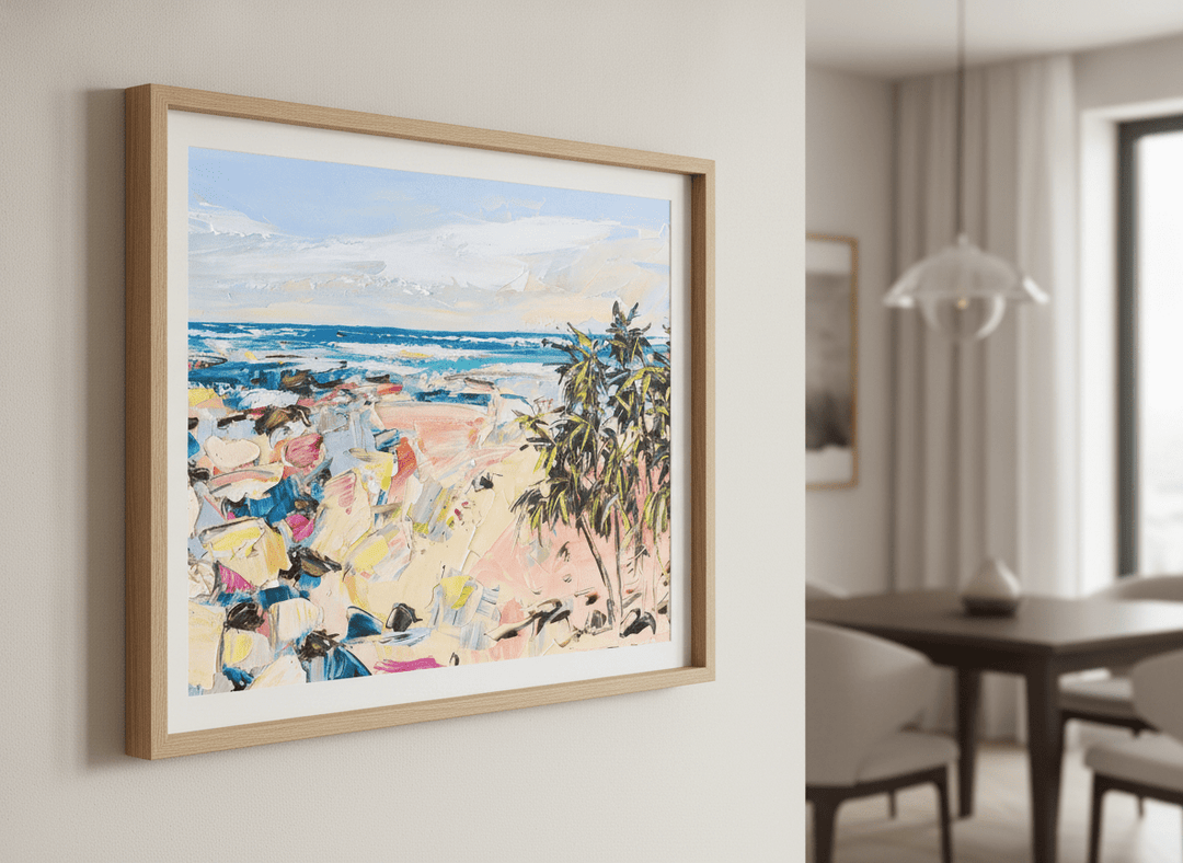 Wall art styled above a dining table in a contemporary home