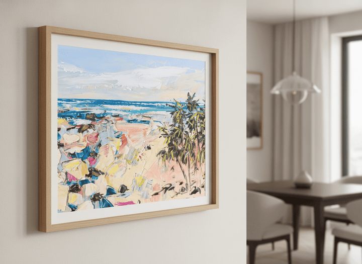 Wall art styled above a dining table in a contemporary home