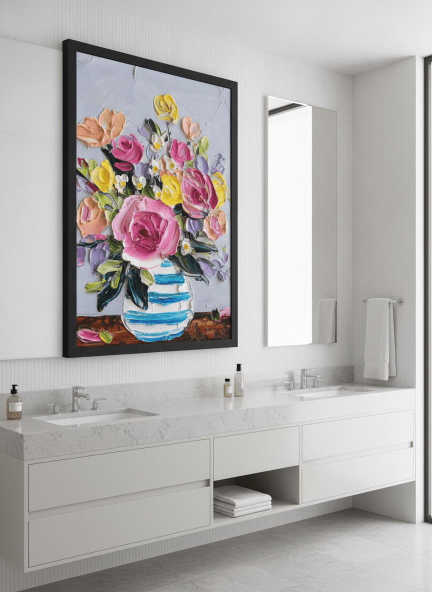 Modern print displayed in a clean minimalist bathroom setting