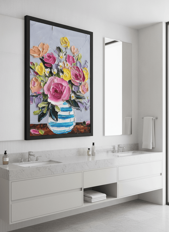 Modern print displayed in a clean minimalist bathroom setting
