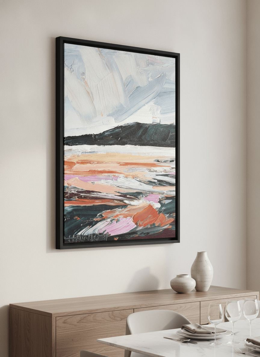Wall art styled above a dining table in a contemporary home