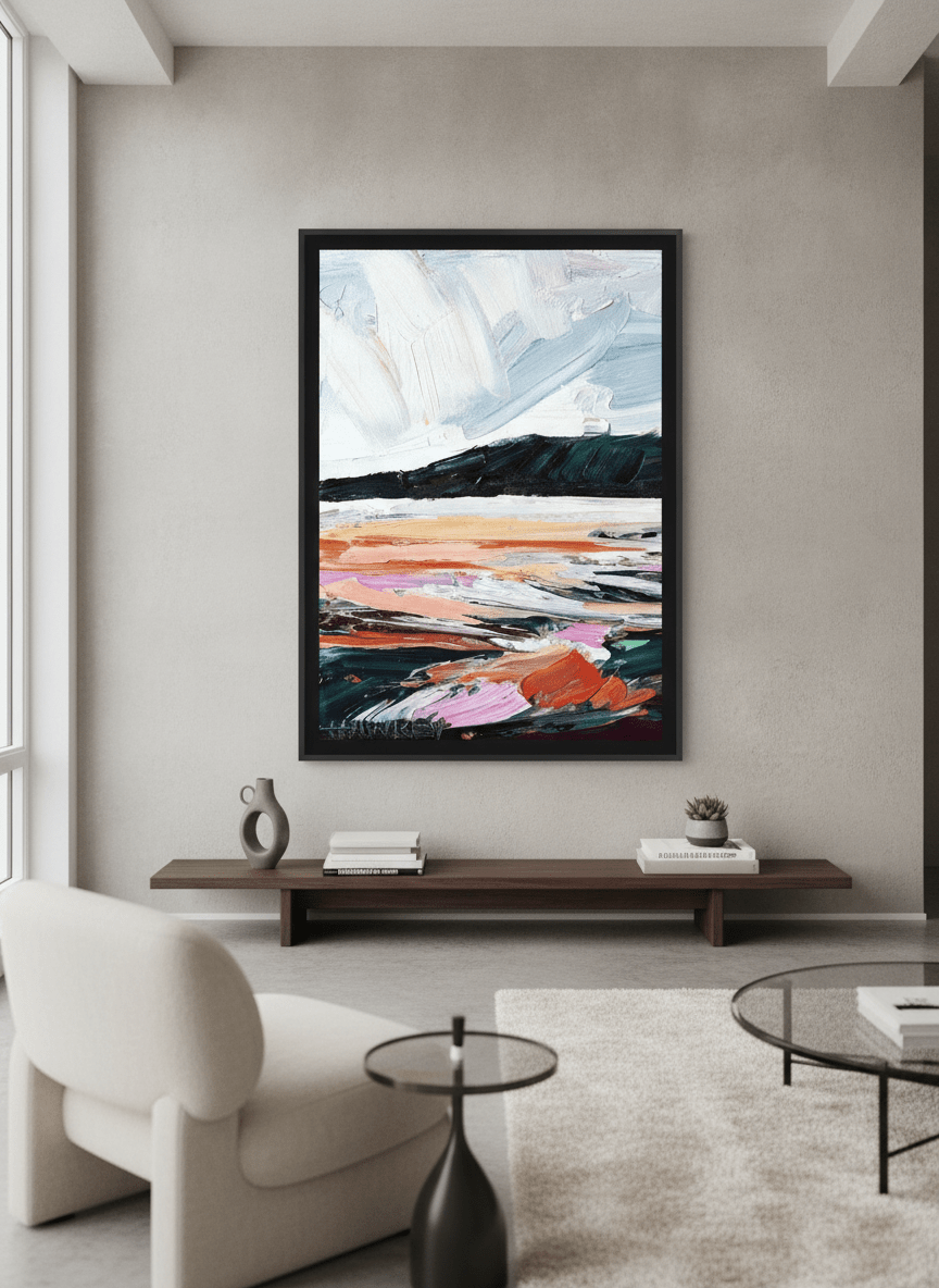 Monumental artwork centred on a feature wall in a luxe interior