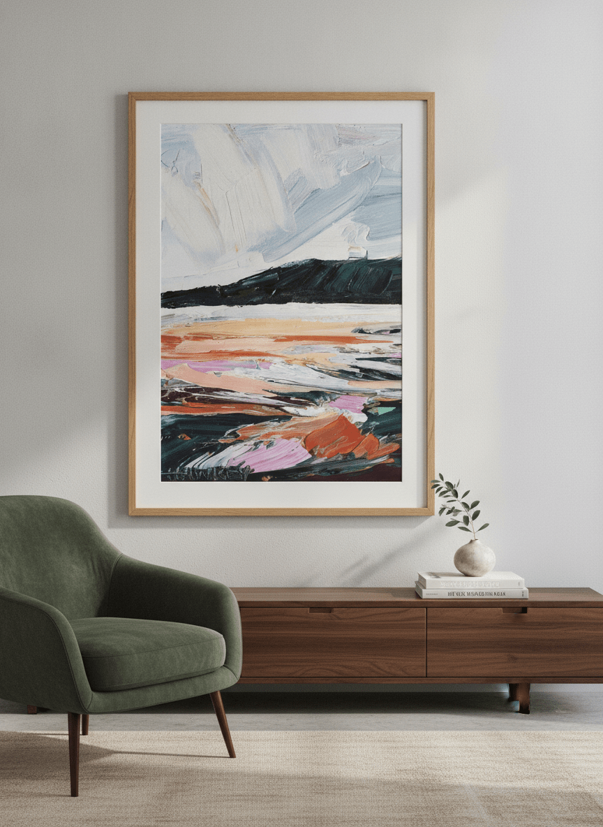 Modern wall art styled above a sofa in a neutral living room
