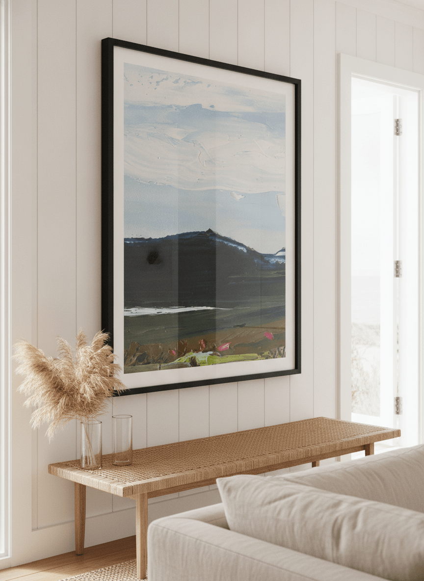 Neutral wall art displayed in a sunny coastal beach house