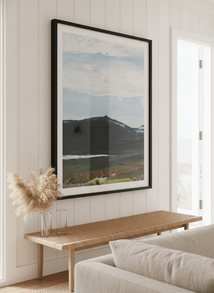 Neutral wall art displayed in a sunny coastal beach house