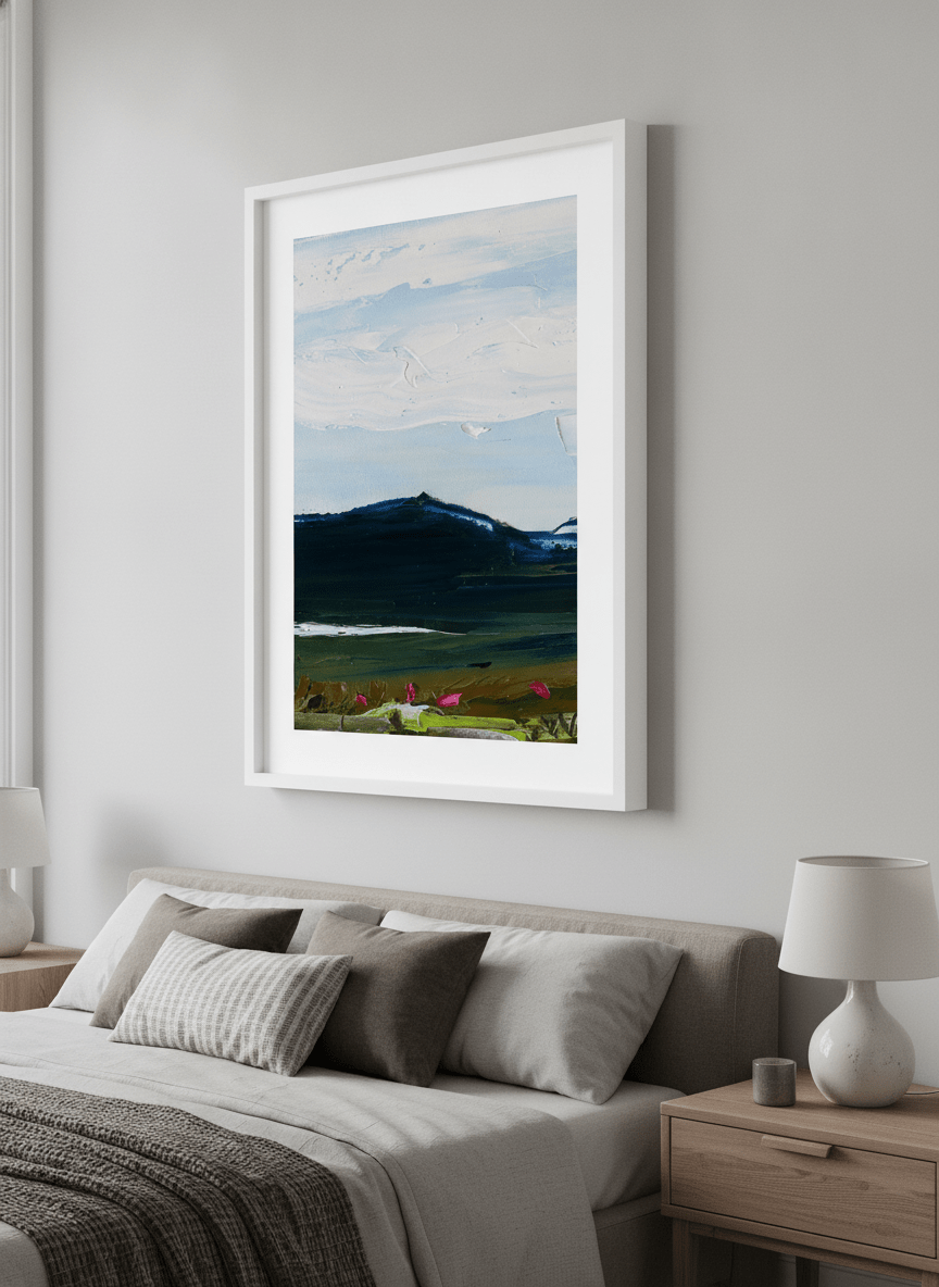 Minimalist artwork displayed in a calm, light-filled bedroom interior