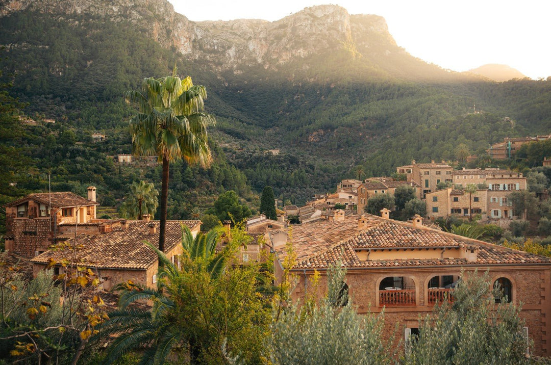 Village with stone buildings and palm trees against a mountainous landscape. framed