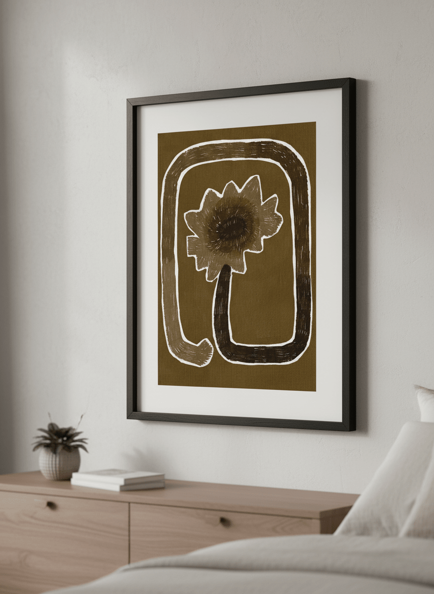 Minimalist artwork displayed in a calm, light-filled bedroom interior