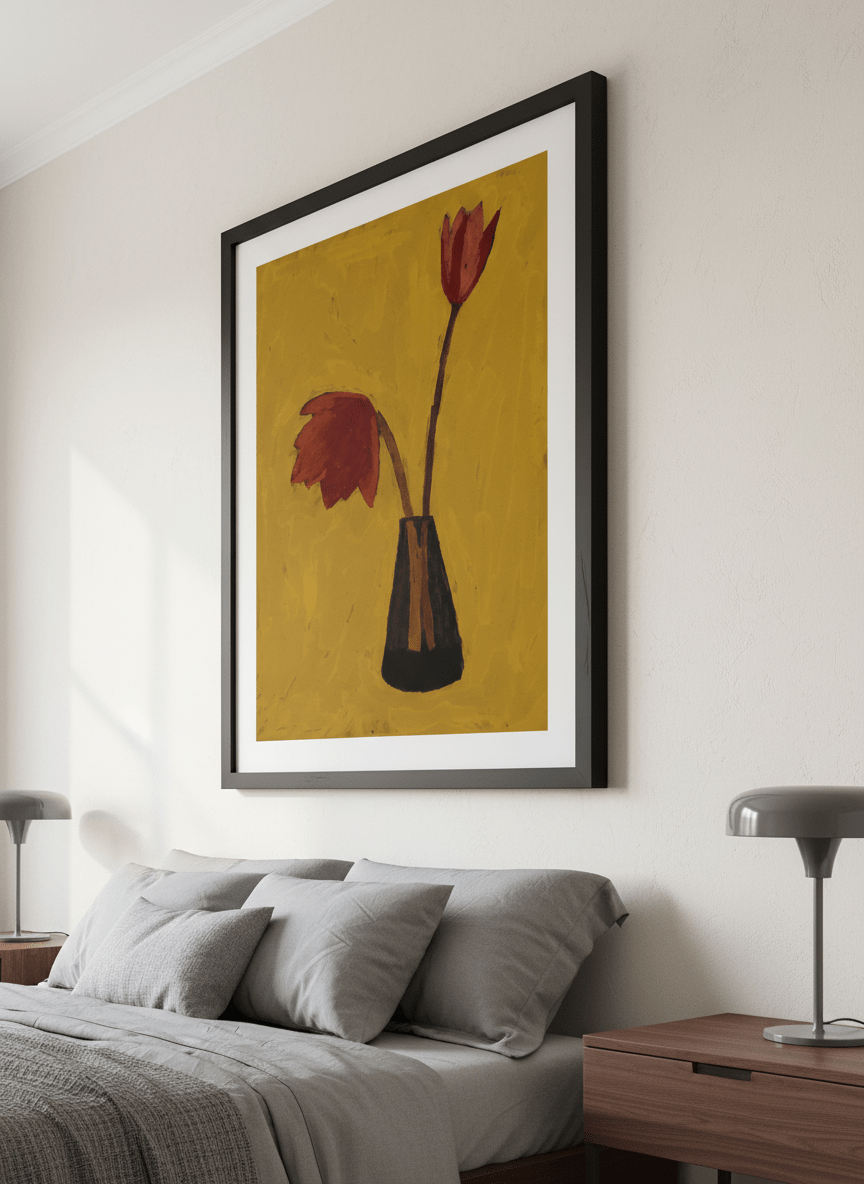 Minimalist artwork displayed in a calm, light-filled bedroom interior