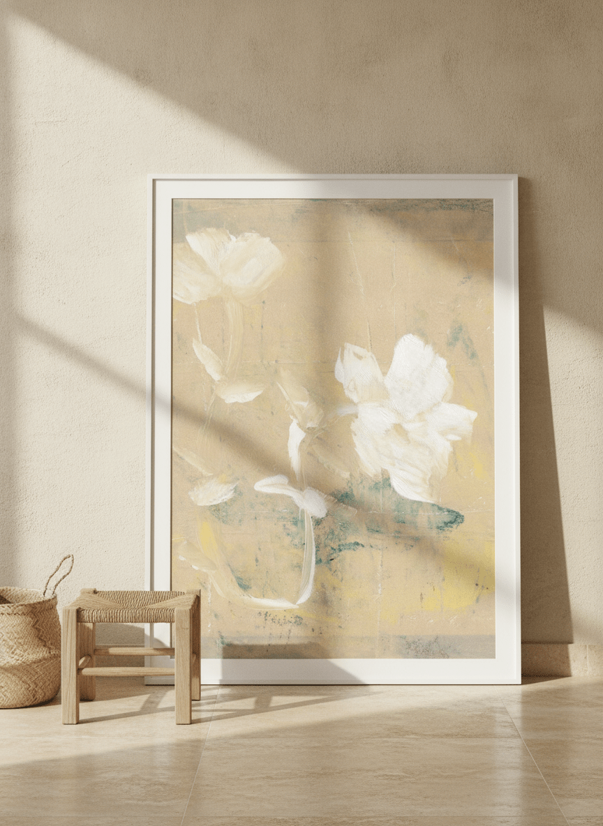 Oversized statement modern wall art print leaning against the wall in a Mediterranean dining room