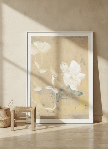 Oversized statement modern wall art print leaning against the wall in a Mediterranean dining room