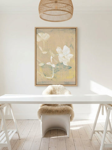 Modern wall art print styled on the wall in a bright Scandinavian home office