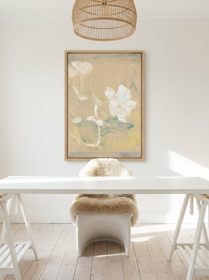 Modern wall art print styled on the wall in a bright Scandinavian home office