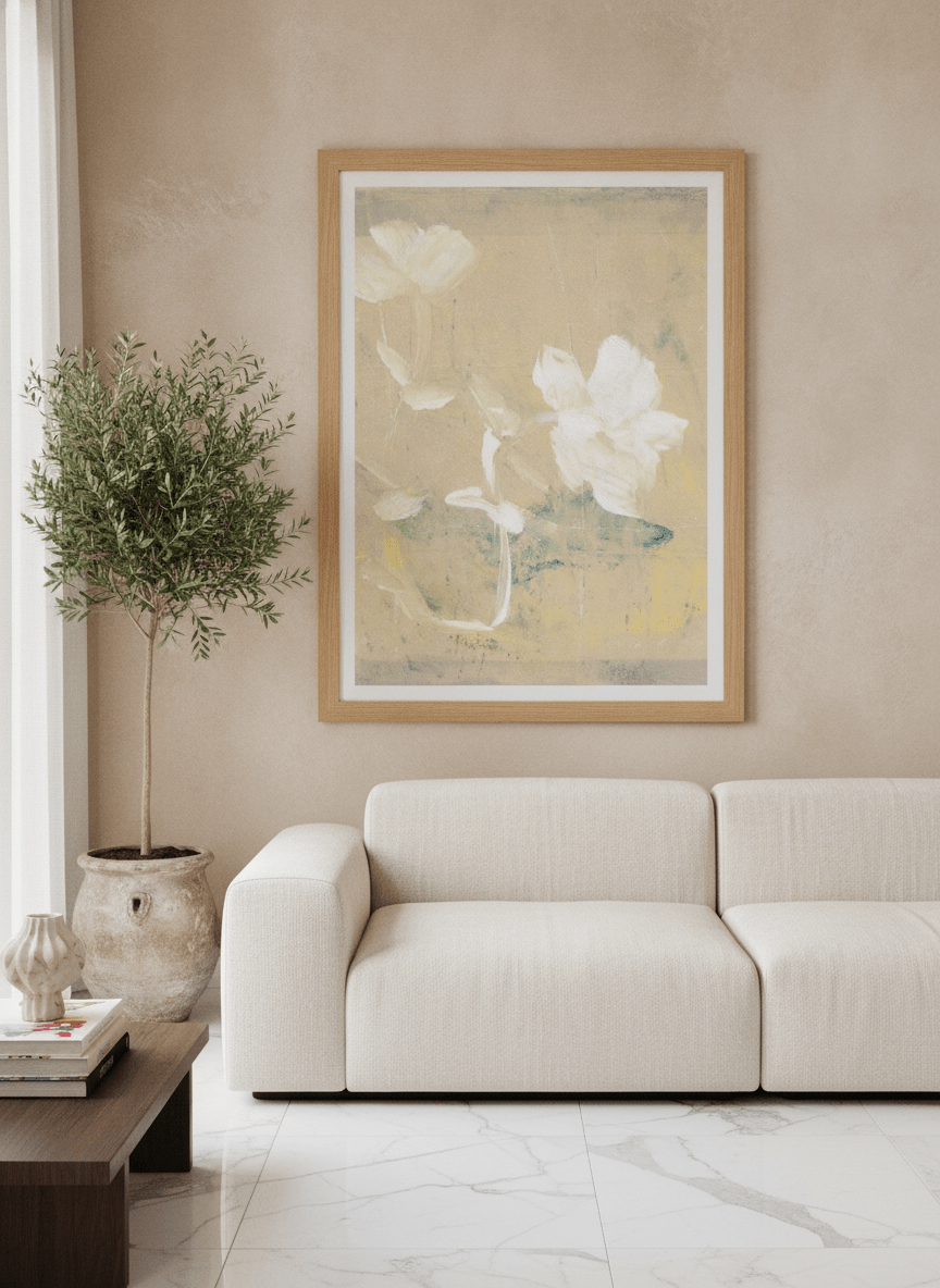 Modern wall art print styled on the wall in a luxe living room