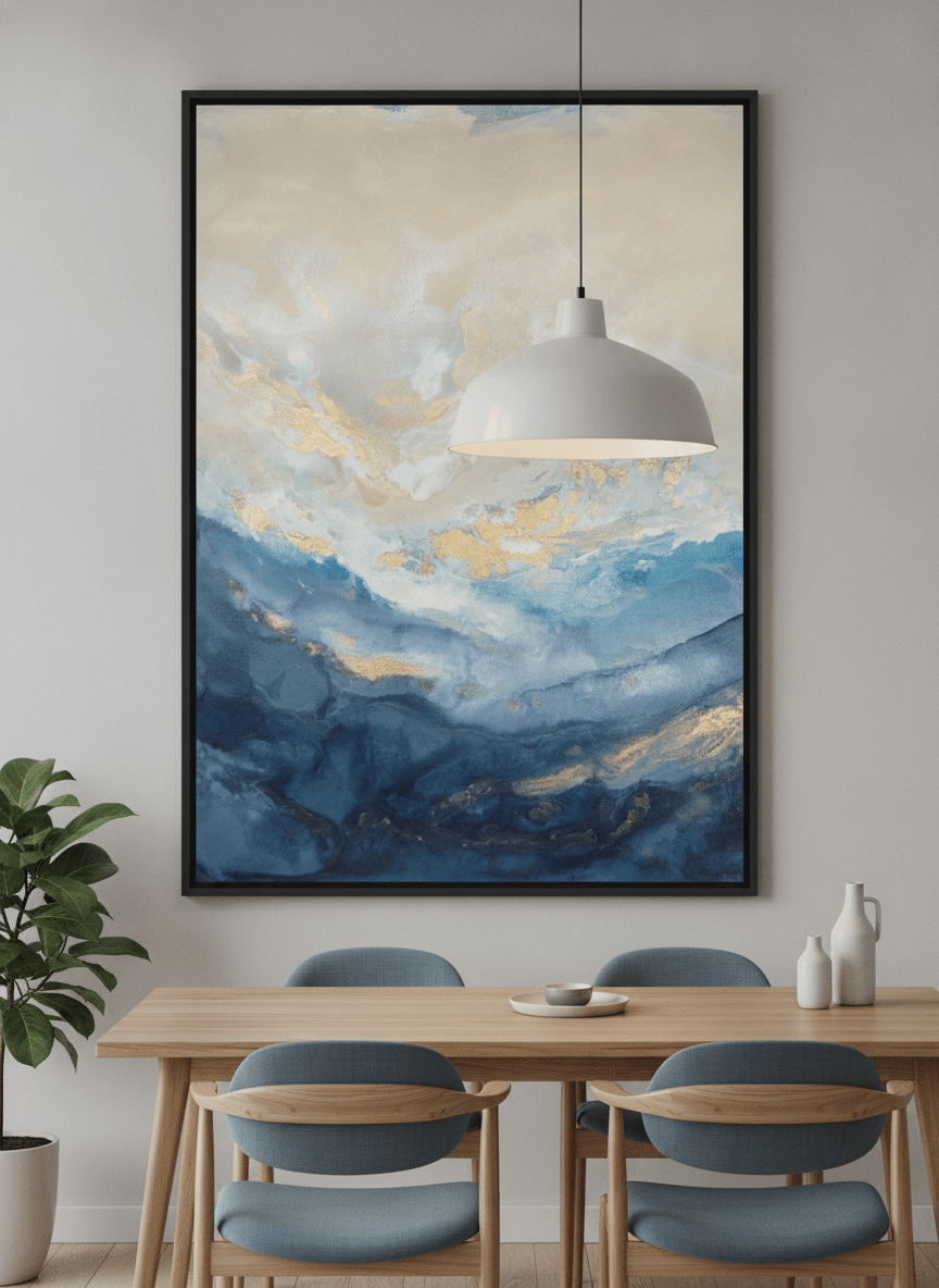 Wall art styled above a dining table in a contemporary home
