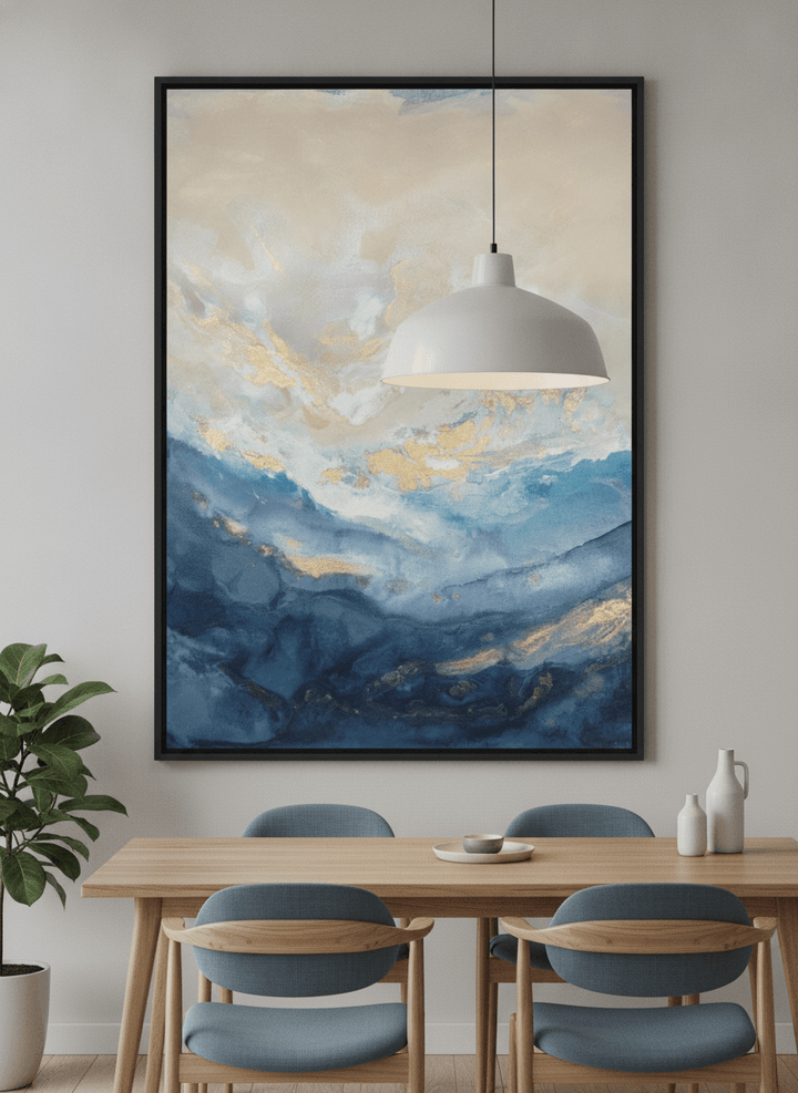 Wall art styled above a dining table in a contemporary home