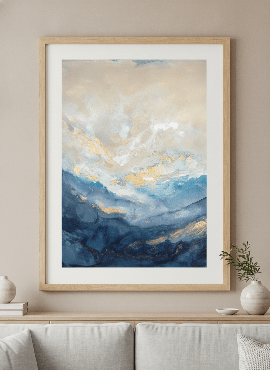 Modern wall art styled above a sofa in a neutral living room