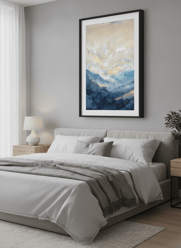 Minimalist artwork displayed in a calm, light-filled bedroom interior