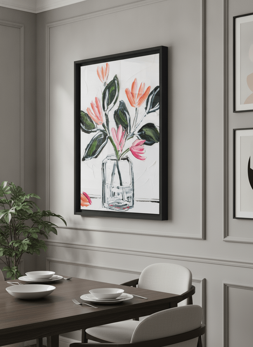 Wall art styled above a dining table in a contemporary home
