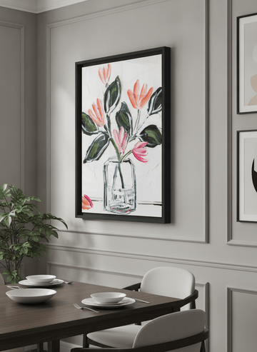 Wall art styled above a dining table in a contemporary home