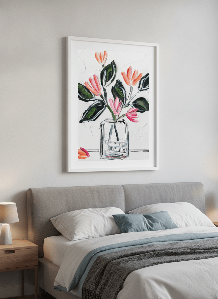 Minimalist artwork displayed in a calm, light-filled bedroom interior