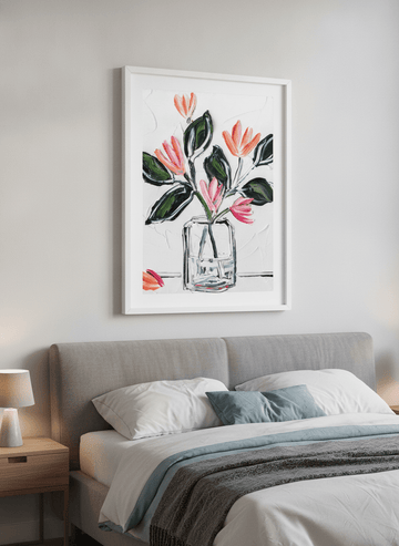 Minimalist artwork displayed in a calm, light-filled bedroom interior