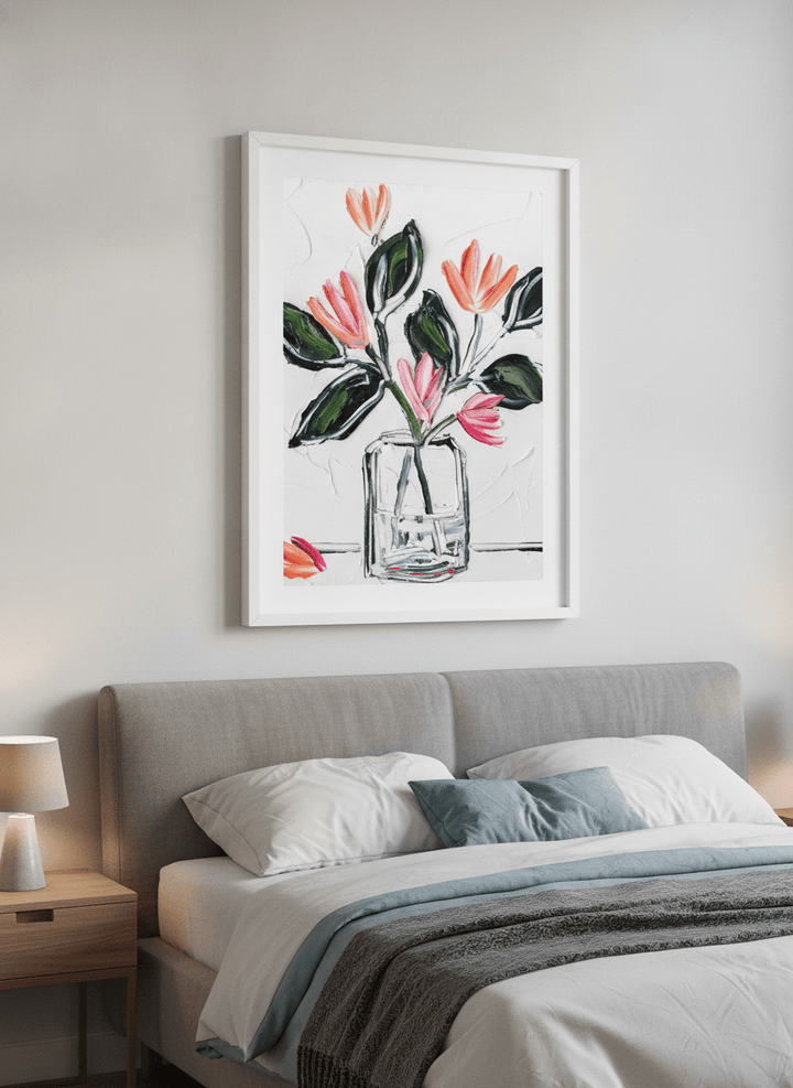 Minimalist artwork displayed in a calm, light-filled bedroom interior