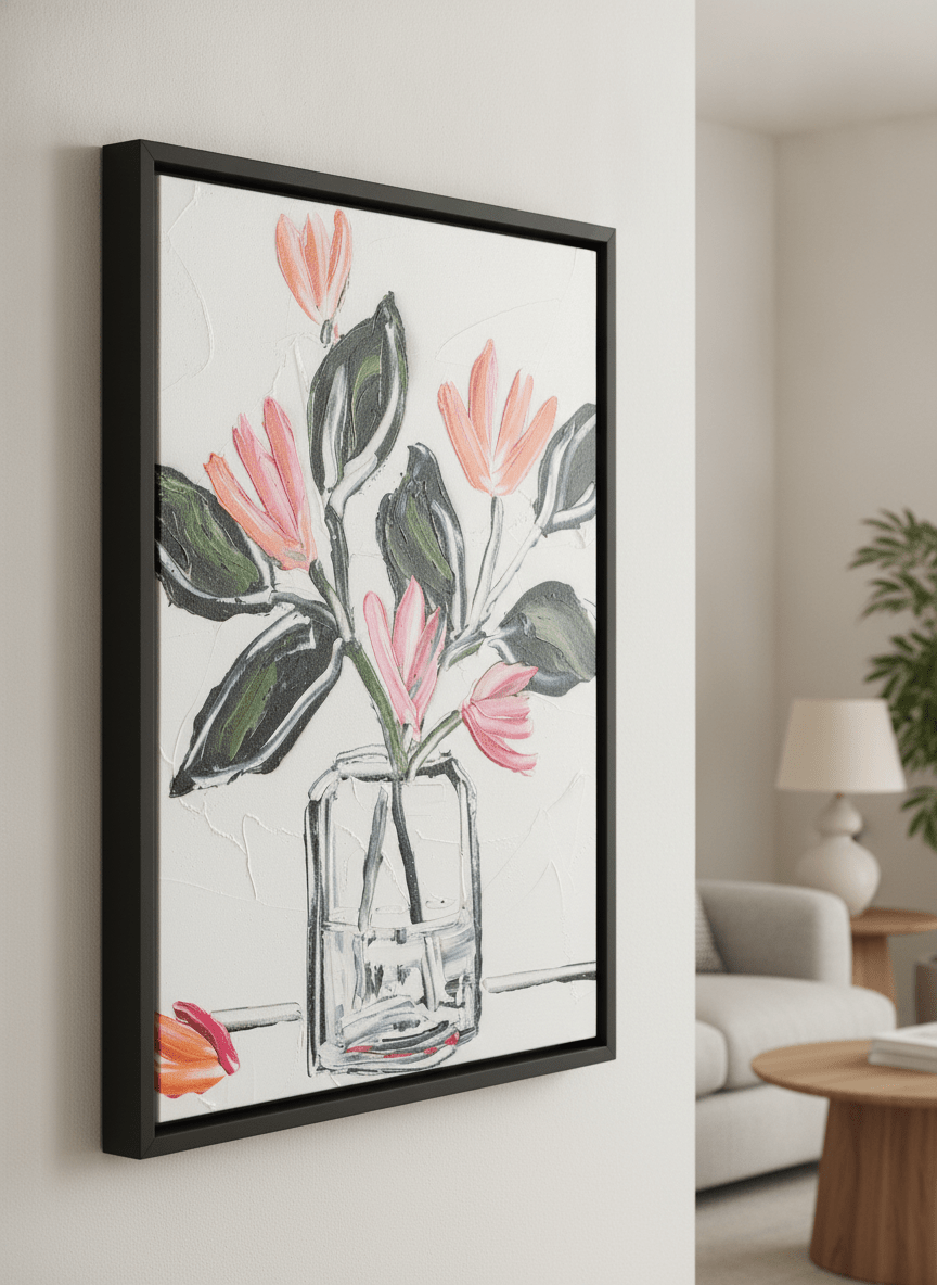 Modern wall art styled above a sofa in a neutral living room