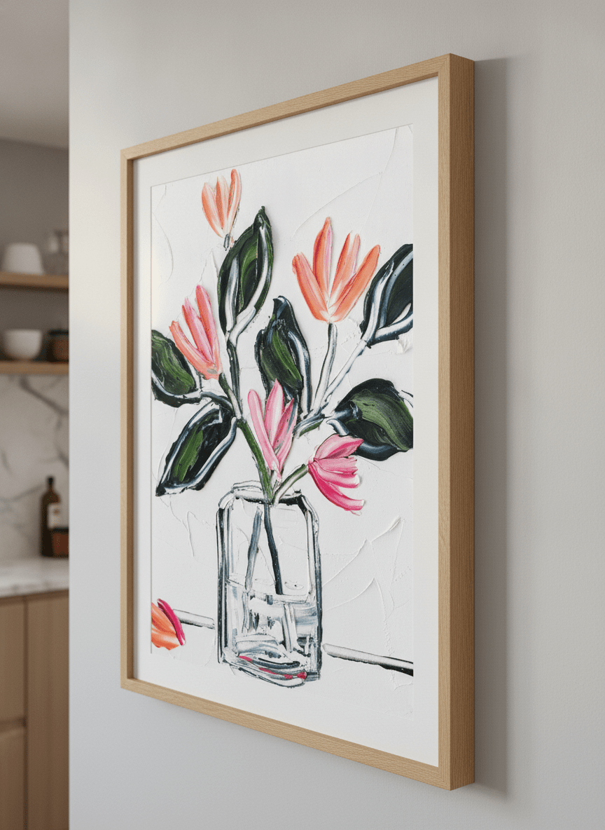 Artwork styled on the wall of a bright modern kitchen