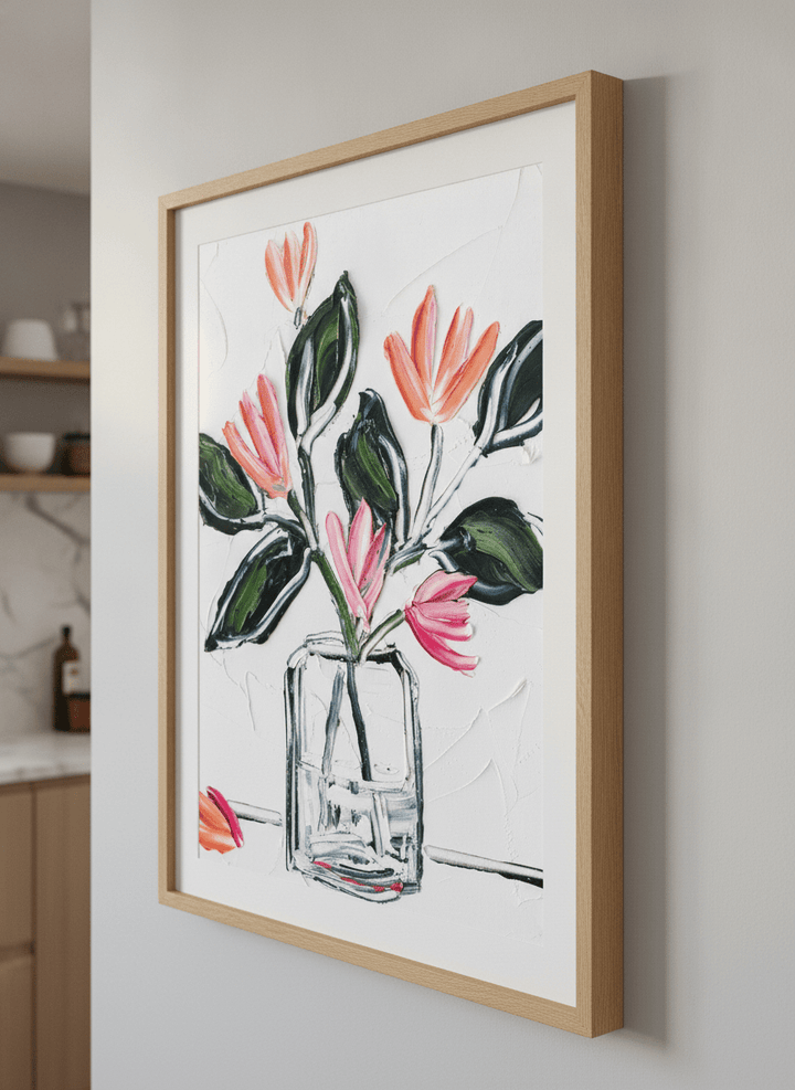 Artwork styled on the wall of a bright modern kitchen