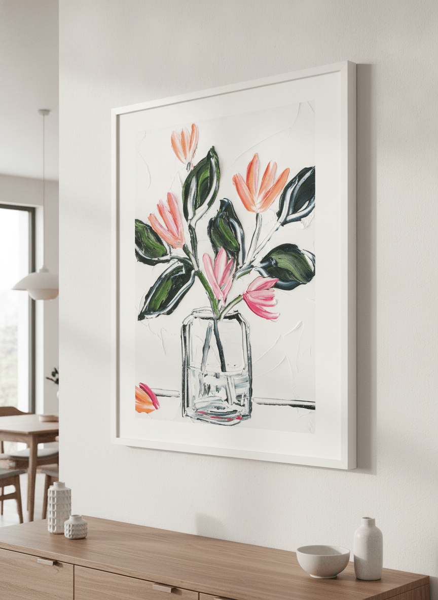 Wall art styled above a dining table in a contemporary home