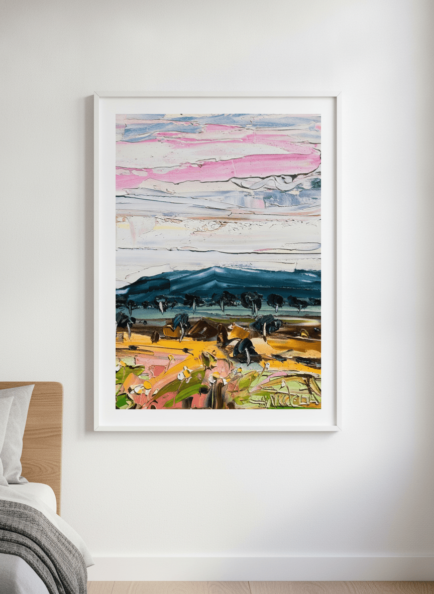 Minimalist artwork displayed in a calm, light-filled bedroom interior
