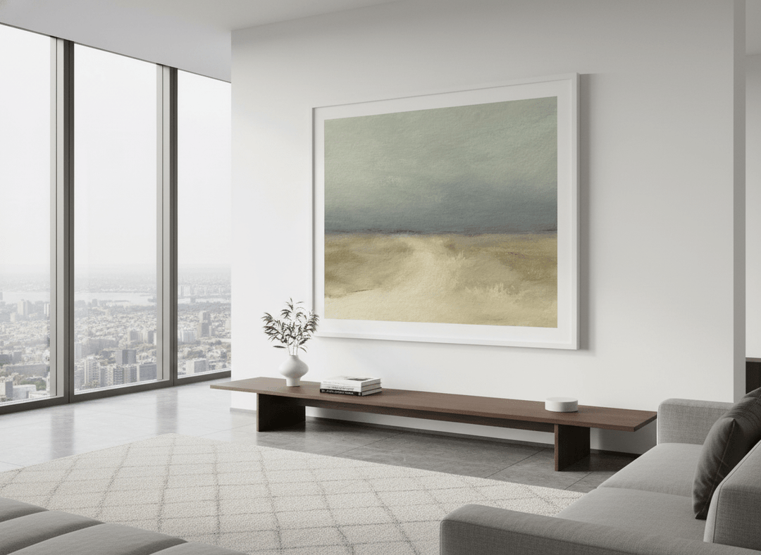 Monumental artwork centred on a feature wall in a luxe interior