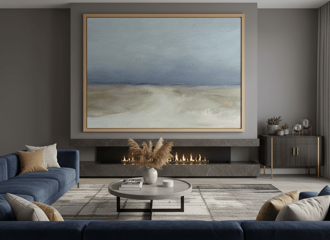 Monumental artwork centred on a feature wall in a luxe interior
