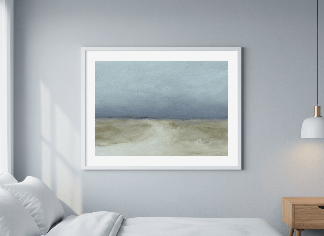 Minimalist artwork displayed in a calm, light-filled bedroom interior