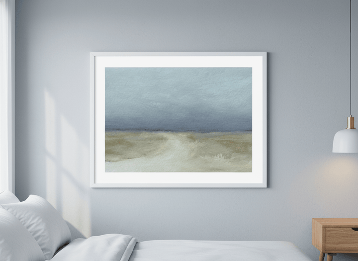 Minimalist artwork displayed in a calm, light-filled bedroom interior