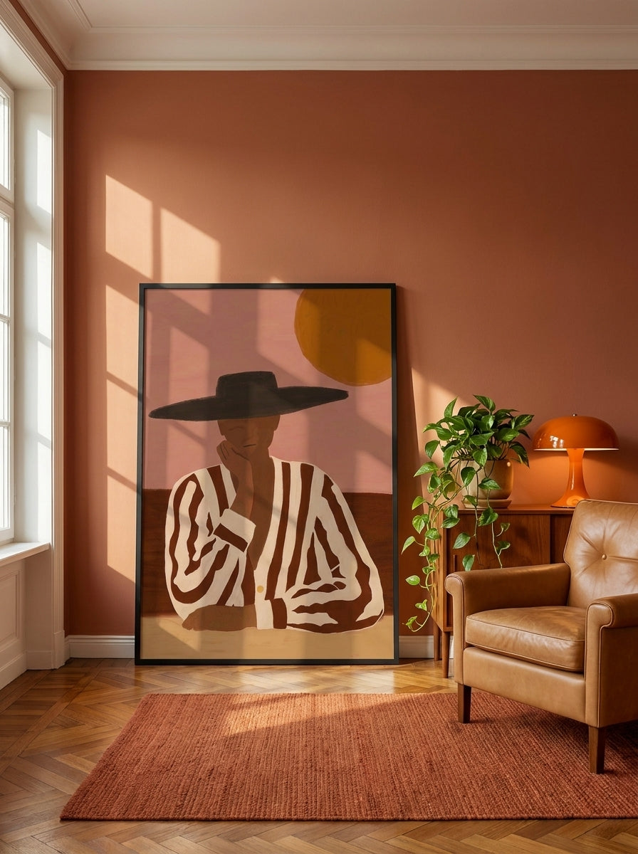 Oversized statement modern wall art print leaning against the wall in a retro 70s bedroom