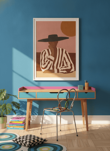 Modern wall art print styled on the wall in a colourful eclectic home office